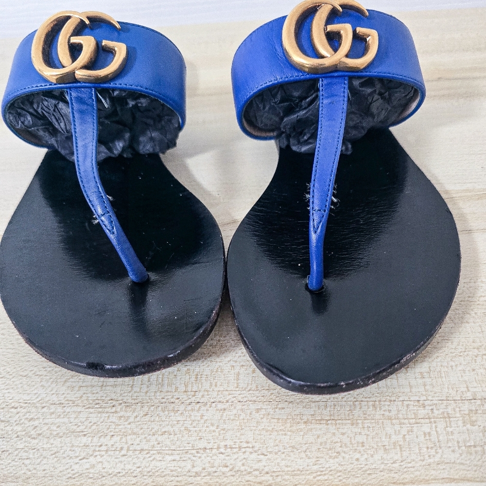 Gucci GG Marmont Calfskin Leather Thong Sandals In Electric Blue Size 37 - Picture 10 of 14